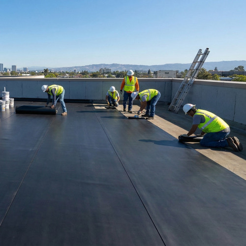 Roofers install EPDM.