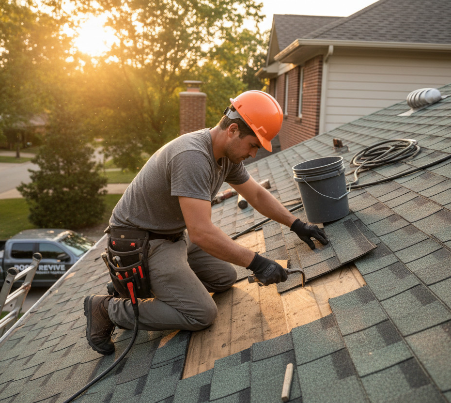 Roofer repairs leak.